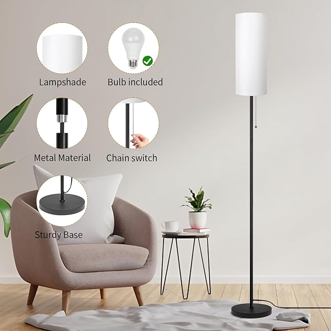 Floor Lamp for Living Room, Modern Standing Lamps with Lampshade, Minimalist Tall Lamp with Chain Switch for Living Room, Bedroom, Kids Room, Office,Standing Lamp LED Bulb Included (White Shade) - Aura Lighting