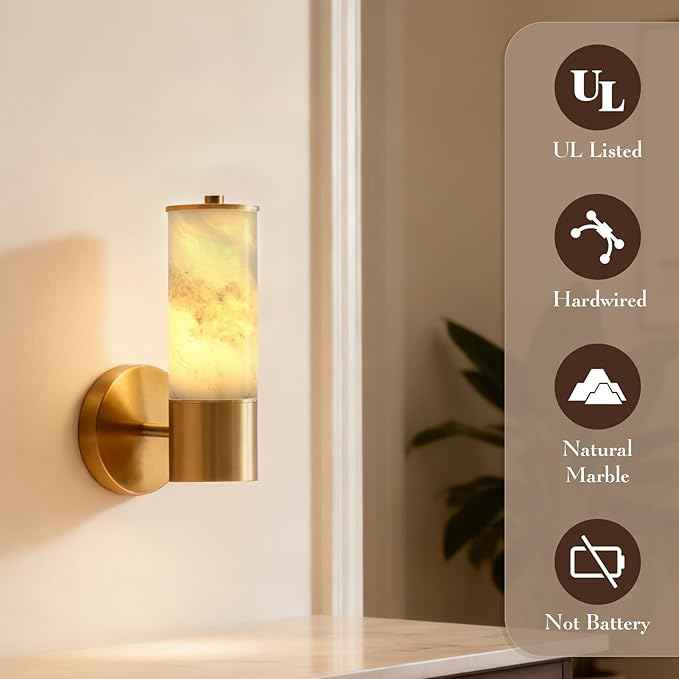 Wall Sconces Modern Sconces Wall Lighting Vanity Light Fixtures with Marble lampshade, Black Wall Mount Lights for Living Room Corridor Mirror Bedroom Stairs(Bulb Include) (Gold, 1 pcs)