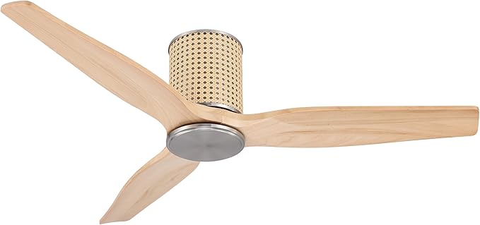 48" Ceiling Fan No Light - Low Profile Flush Mount Ceiling Fan, 6-Speed Remote Control, Solid Wood, Quiet Reversible DC Motor, Wood/Silver Finish, for Bedroom, Living Room, Porch - Aura Lighting