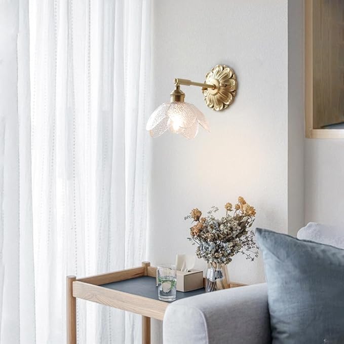 Modern Brass Wall Sconce Flower-Shaped Water Pattern Glass Wall Light Fixture Adjustable Bedside Wall Lamp, Japanese Style Wabi Sabi Polished Brass Wall Sconces for Bedroom Living Room