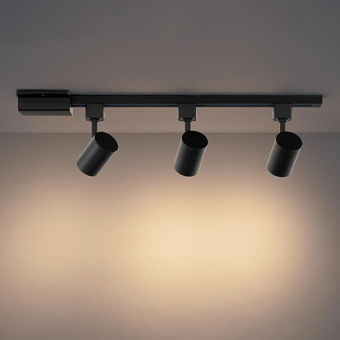 Amped Collection 3-Light 48in Field Cuttable LED Track Lighting Kit with 3 LED 3000K Warm White Track Heads, 4ft Track, End Caps, Floating Feed in Black Finish - Aura Lighting