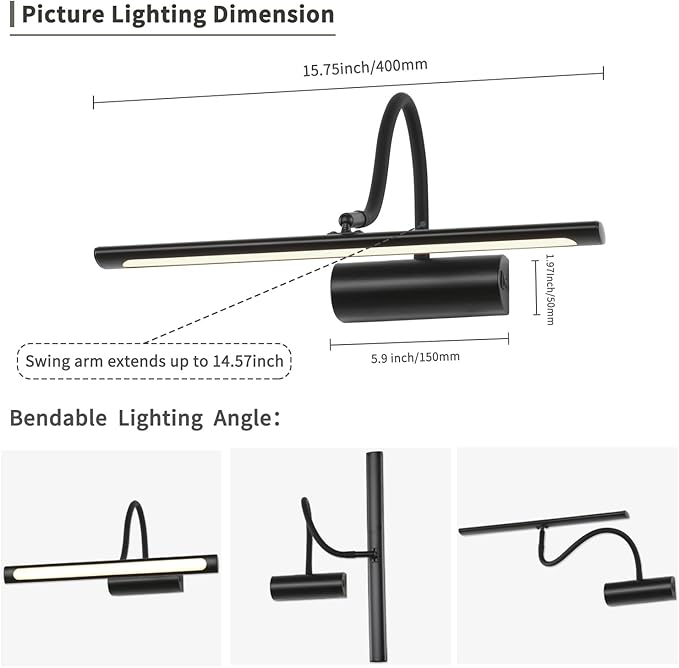 JOOSENLUX 16" Dimmable Picture Light, LED, Battery Operated, Wireless, Adjustable Arm, Remote Controlled, Rechargeable, Wall-Mounted, Modern & Stylish - Ideal for Gallery, Library, and Photo Display