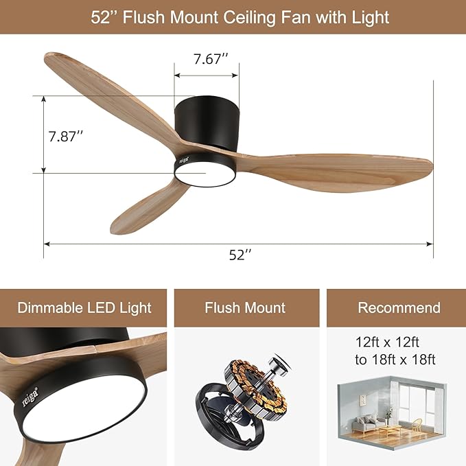 reiga 52" Natural Wood Ceiling Fan with Light and Remote, 3 Blade Flush Mount Low Profile Ceiling Fan for Bedrooom Living Room, Quiet DC Motor - Aura Lighting