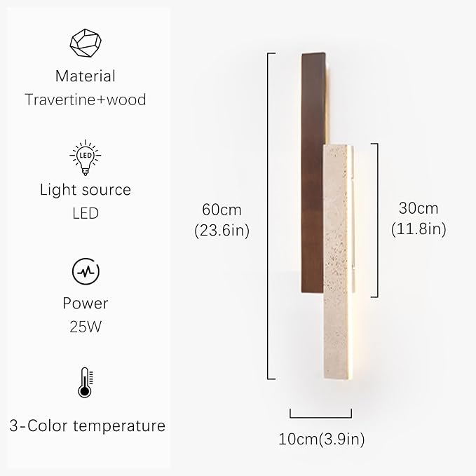 23.6 Inch Yellow Travertine Wall Lamp, Wabi-Sabi Art Lighting Fixture Nordic Modern Marble Wall Sconce, Japanese Style Natural Stone Wall Light for Bedside Bedroom Entryway Stairs Foyer