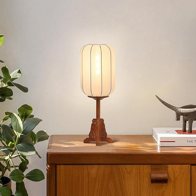 Wood Table Lamp Chinese Style Lantern Desk Light with Fabric Shade Japanese Lamp Lantern Wooden Standing Lights for Nightstand, Dresser, Living Room, Restaurant, Office