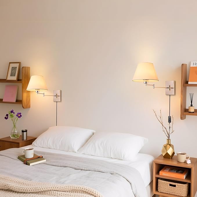 Rose Gold Wall Sconce Plug in, Swing Arm Wall Lamp Set of Two Mid-Century Modern Wall Light Fixtures with Beige Fabric Shade for Living Room Doorway Study Room Bedroom Reading Lamps with Switch