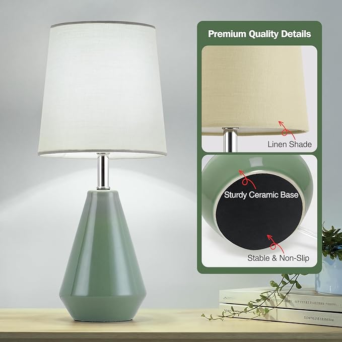 Small Bedside Table Lamp for Bedroom-Reading Desk Lamp Set of 2,with 3 Color Temperatures,15.5" Nightstand Ceramic Lamp with Fabric Shade for Kids Room,Living Room,Dorm,Home Office (Green)