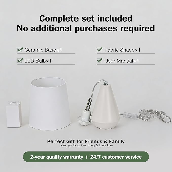 Small Bedside Table Lamp for Bedroom - Reading Desk Lamp with 3 Color Temperatures，15.5" Nightstand Ceramic Lamp with Fabric Shade for Kids Room,Living Room,Dorm,Home Office (White)