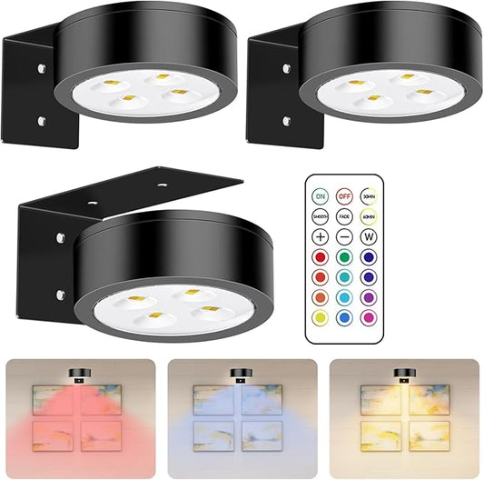 Wireless Battery Operated Painting with Remote Control,13 Color RGB Magnetic Led Art Display Light for Picture Frame, Dimmable and Timer, Wall Decor Display Light 3Pack Black