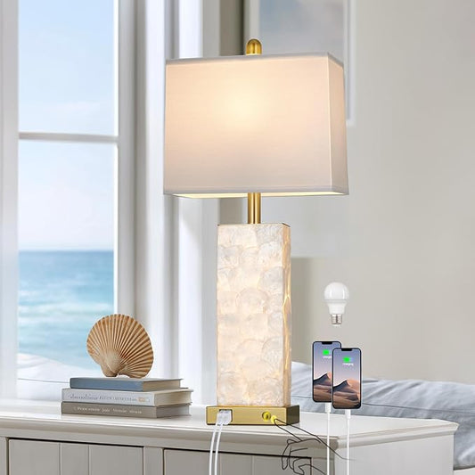 28" Coastal Table Lamps for Living Room, Bedside Lamps with Night Light, USB A+C Ports, Modern Sea Shell Bedside Night Stands Light for Beachy Cottage Decor (Gold 1Pack