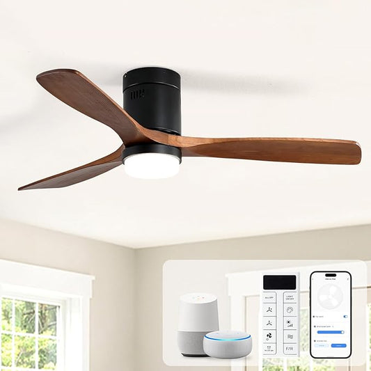 Sofucor 52 Inch Smart Ceiling Fans with Lights, Flush Mount Ceiling Fan with Lights Remote Control, Work with Alexa/Google/App, Quiet DC Motor, 3 Blade Solid Wood Ceiling Fan for Bedroom Kitchen Patio