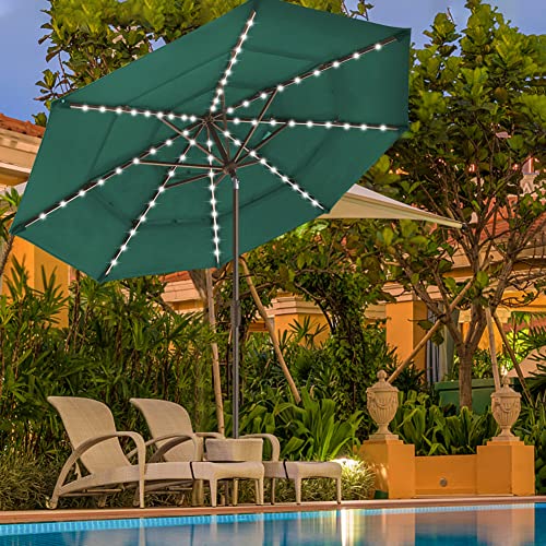 USA 10-Year-Non-Fading 9ft 3-Tier Market Patio Umbrella, Commercial Table Umbrella with 80 Solar LED Lights, Crank Open, Windproof & UPF 50+ UV Protection for Garden, Deck, Pool, Backyard, Forest Green