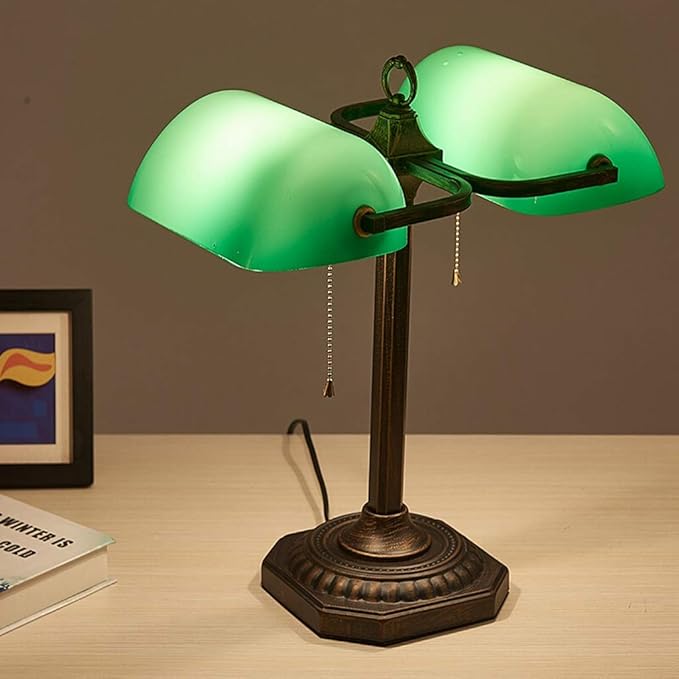 Banker Lamp Green Shade Double Head Retro Traditional Desk Lamps Pull Chain Office Study Simple Designs Eye Caring Reading Lights