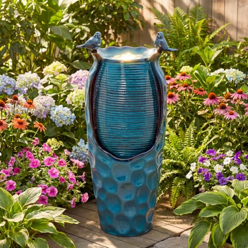 Autodaya 33" Vase Ceramic Outdoor Water Fountain with Lights and Birds