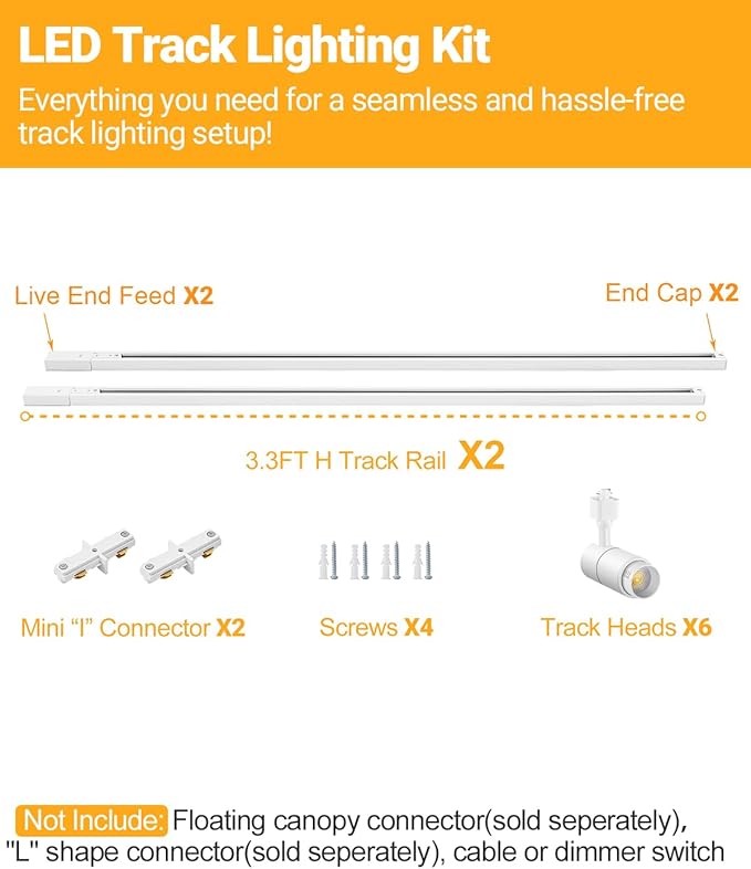 VANoopee 3-Color Zoomable 6 Light LED Track Lighting Kit with 6.6FT H Type Track Lighting Rail, LED Track Light Heads Dimmable Modern Kitchen Track Lighting Fixtures Ceiling Spotlight 10W 1000lm White - Aura Lighting