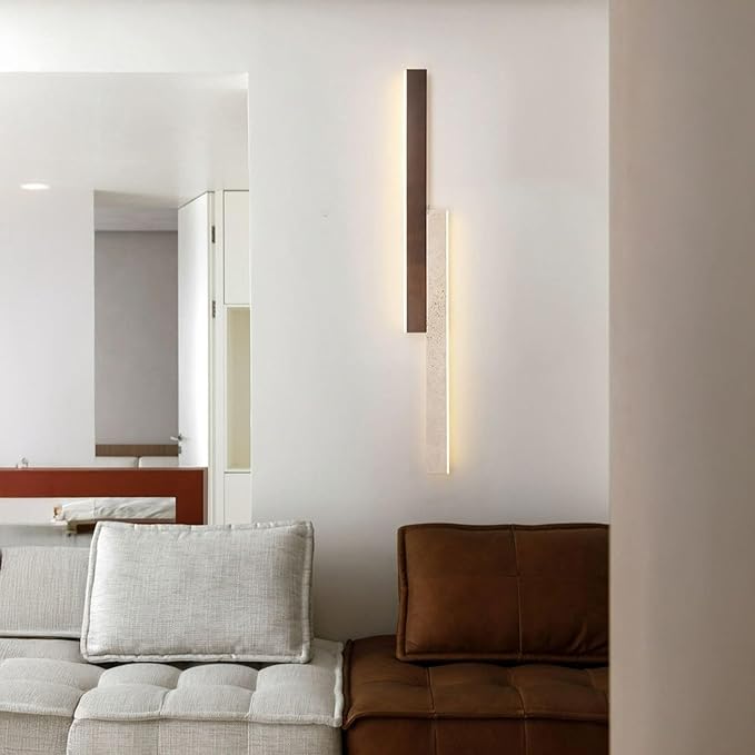 23.6 Inch Yellow Travertine Wall Lamp, Wabi-Sabi Art Lighting Fixture Nordic Modern Marble Wall Sconce, Japanese Style Natural Stone Wall Light for Bedside Bedroom Entryway Stairs Foyer
