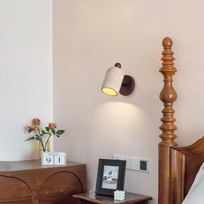Natural Yellow Travertine Wall Lamp, Adjustable Marble Wall Mounted Light with Wood Base, Japanese Wabi Sabi Style Stone Wall Sconce for Bedroom Bedside Living Room Study(Walnut)
