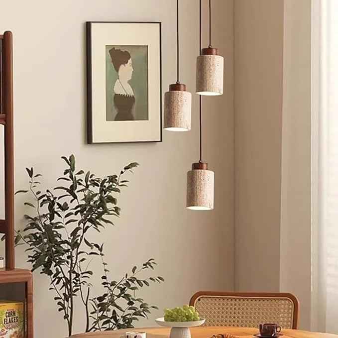 Set of 3 Japanese Travertine Hanging Lamps, Cylinder Natural Stone Pendant Lights Kitchen Island Adjustable Small Chandelier for Dining Room Bedside(Walnut,11cm/4.33in)