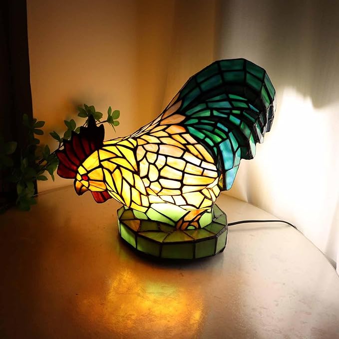 Bieye L12012 Colorful Rooster Tiffany Style Stained Glass Accent Table Lamp Night Light for Bedside Living Room Decoration (Multi-Colored, 5.75Dx13Wx12H)