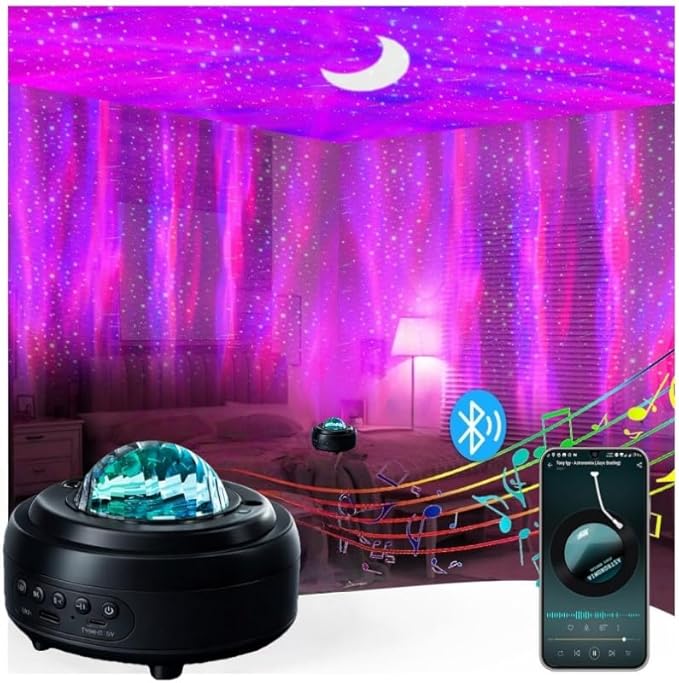 Galaxy Projector Night Light with Bluetooth Speaker, Starry Star Projection Light with Ocean Wave for Bedroom, Northern Lights Projector with Moon, Ambient Lighting for Room Party Xmas