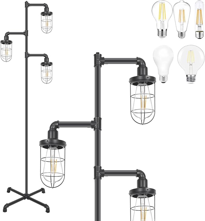 CONCA Steampunk Three Head Industrial Floor Lamp, Rustic Edison Bulb, Cage Shade (Black)