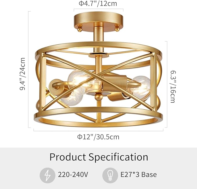 WUZUPS Chandelier 3-Light Vintage Farmhouse Industrial Semi-Flush Mount Ceiling Light Modern Lighting Fixture for Foyer Bedroom Hallway Storage Room Kitchen Bathroom, H 9.4" x W 12", E26 Base, Gold