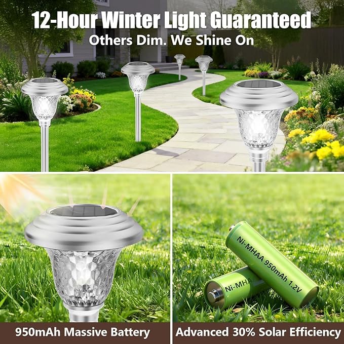4 Pack Solar Pathway Lights White+ Color Changing Stainless Steel 3 Mode Outdoor Multicolor Metal Solar Powered Waterproof Glass for Garden Landscape Path Yard Walkway Driveway Silver