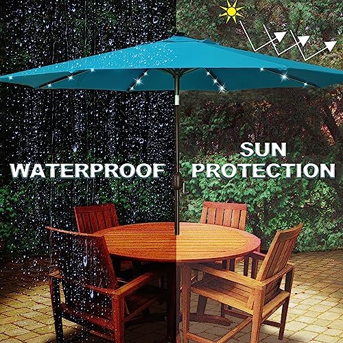 9 ft Solar Umbrella 32 LED Lighted Patio Umbrella Table Market Umbrella with Tilt and Crank Outdoor Umbrella for Garden