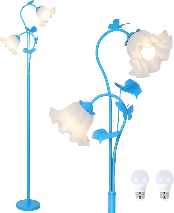 HMVPL Blue Floor Lamp for Living Room, Flower Standing Lamp with 2 LED 5W Blubs, Foot Switch, Floral Tall Lamp with Acrylic Shade, Antique Lotus Flower Floor Lamp for Living Room Office Reading - Aura Lighting