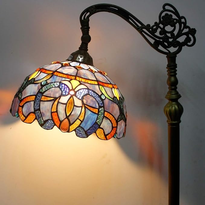 Tiffany Lamp Shade Replacement 12X6 Inch Stained Glass Lampshade Only 1-5/8-Inch Fitter Opening for Arched Floor Lamp, Torchiere Lamp, Pendant Light (Blue Purple)