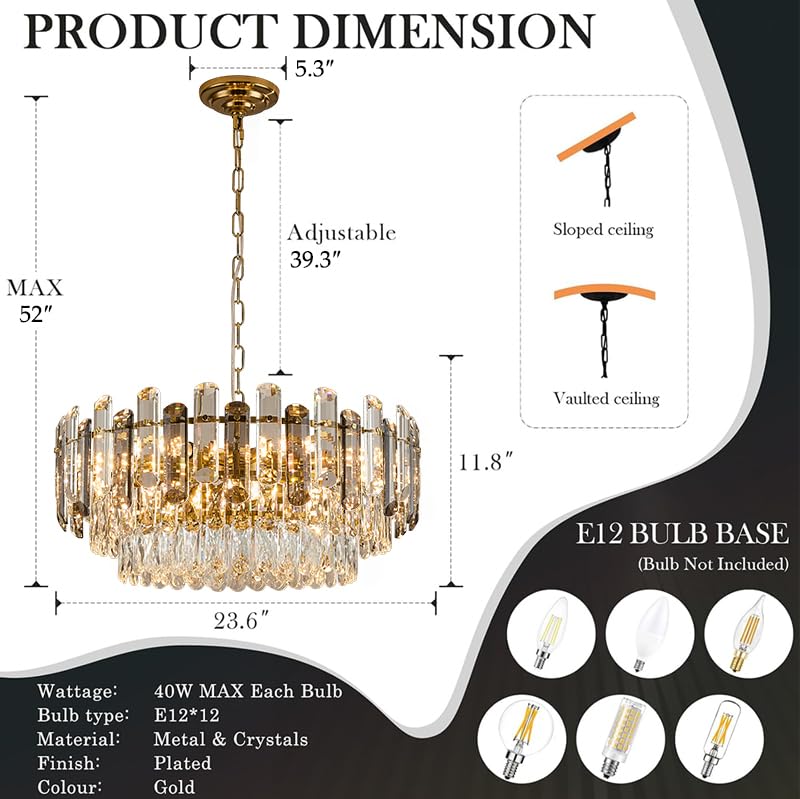 Gold Crystal Chandelier 23.6" Modern Crystal Pendant Light 3