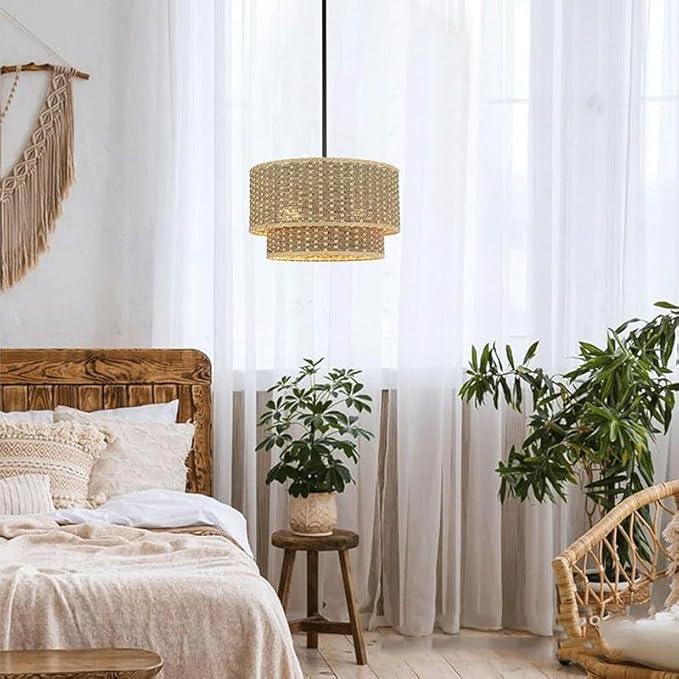 13.9inRattan Pendant Light,Japanese Retro Restaurant Bamboo Lighting Fixture,Wabi-Sabi Double Layer Column Chandelier,Handwoven Hanging Lamp,for Shop Living Room Tea Room Kitchen Island,E26