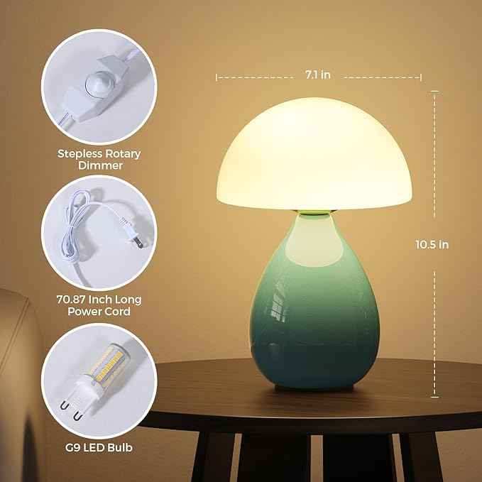 Mushroom Lamp, Vintage Small Table Lamp for Bedroom, Ice Crack Ceramic LED Night Light for Kids, Mid Century Modern Bedside Lamp for Nightstand, Living Room, Home Decor Gift Ideas for Women, Blue