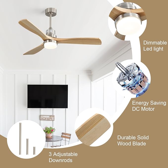 Sofucor 52 Inch Smart Ceiling Fan, Indoor/Outdoor Ceiling Fans with Lights and Remote, Work with Alexa/Google/APP, 6-Speed, Quiet DC Motor, Solid Wood 3 Blade Ceiling Fan for Bedroom Living Room Patio