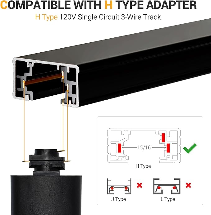 VANoopee H Track Lighting Rails Kit, 6.6FT H Type Rails Black with End Caps and Live End Feed Connector, Compatible with Single Circuit 120V H Style Track System, for LED Track Lighting Heads - Aura Lighting