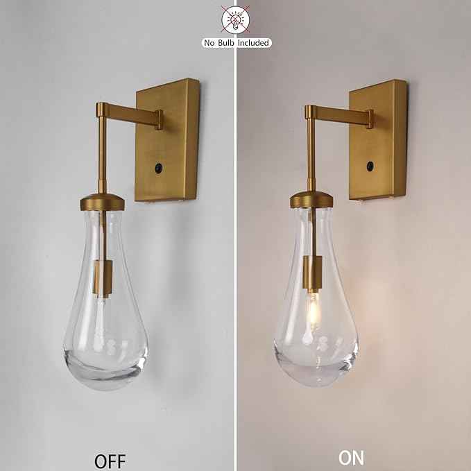 HuisMier Brass Raindrop Wall Sconces, Indoor Wall Sconces with On/Off Switch, Modern Clear Glass Wall Lamp Vanity Light Fixtures for Bathroom Bedroom Living Room Hallway, Hardwired