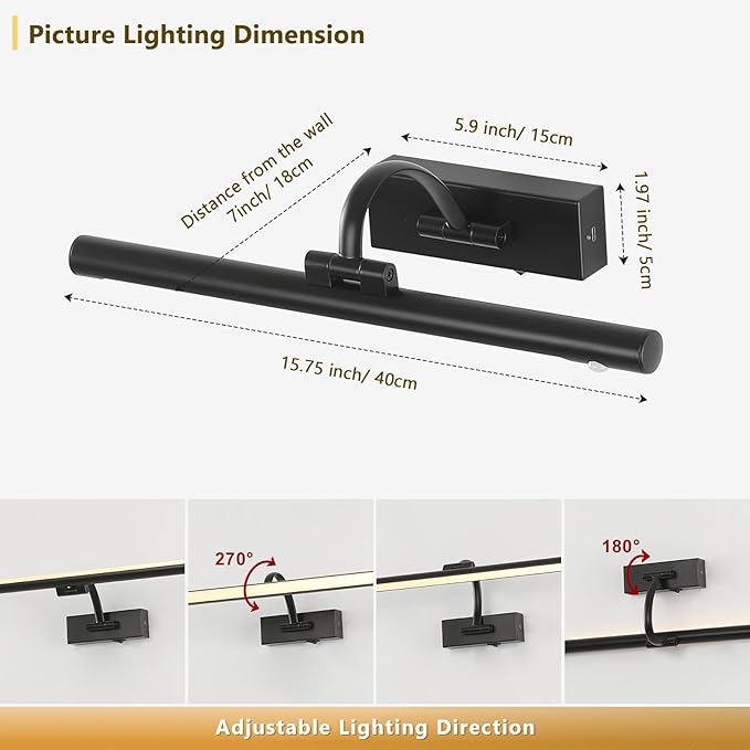 Wireless Picture Lights Battery Operated, Motion Sensor Black Art Lights Motion Activated Gallery Lighting Auto-Off Painting Lights for Portraits 16 Inch 3W Warm White
