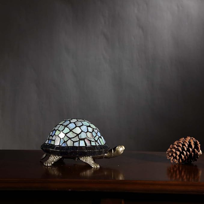 Bieye L10400 Tortoise Tiffany Style Stained Glass Accent Table Lamp Night Light for Bedside Living Room (Blue)