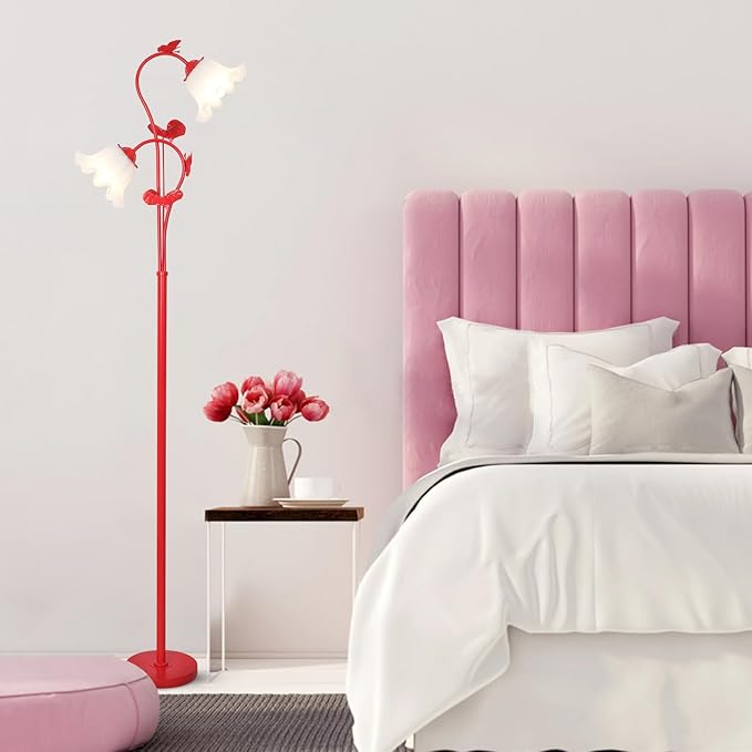 HMVPL Red Floor Lamp for Living Room, Flower Standing Lamp with 2 LED 5W Blubs, Foot Switch, Floral Tall Lamp with Acrylic Shade, Antique Lotus Flower Floor Lamp for Living Room Office Reading - Aura Lighting