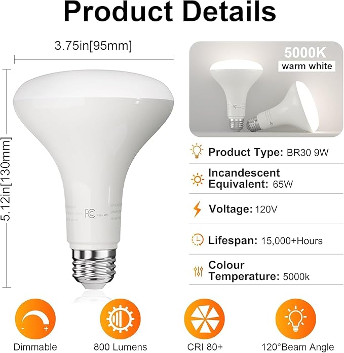 TJOY LED Flood Light Bulb, Recessed Ceiling Bulb, BR30, 65W Equivalent Efficient 9W, Dimmable, E26, Daylight White 5000K, 10 Year, 800 Lumens, 80CRI, 4 Pack LED Ceiling Light for Kitchen, Living Room