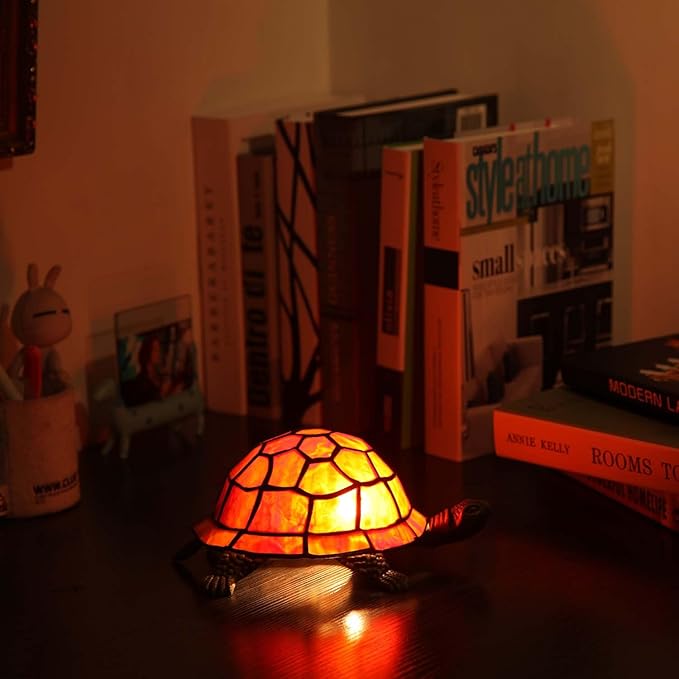 Bieye L10721 Tortoise Tiffany Style Stained Glass Accent Table Lamp for Home Decor (Dark Red)