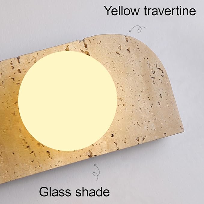 Japanese Style Wabi-sabi Art Lighting Fixture, Yellow Travertine Wall Sconce with Glass Shade, G4 Socket Natural Stone Vintage Wall Lamp for Bedside Bedroom Living Room Kitchen(1-Light)