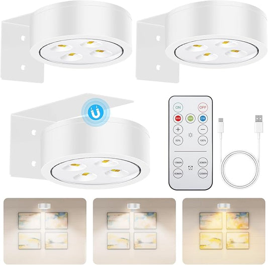 Wireless Magnetic Picture Lights LED Mural Light Rechargeable Battery-Powered Wall Frame Lights with 3 Lighting Modes, Remote Control, and Timer 3Pack White