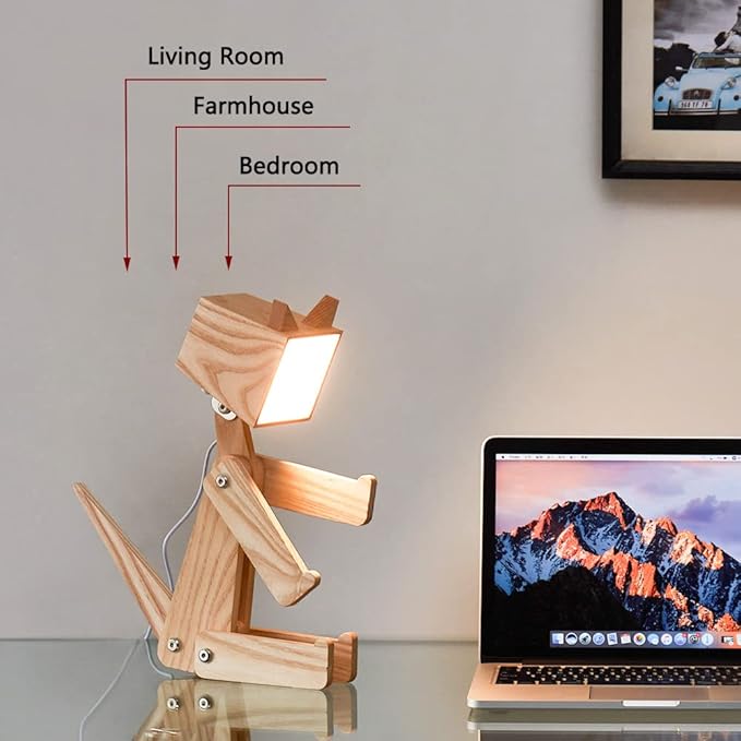 Unique Bedside Table Lamp Cat Adjustable Body Wooden Desk Lamp with Dimmable Touch Switch Warm White Light for Kids Room, Living Room, Boy's Girl's Bedroom, College Dorm, Bookcase