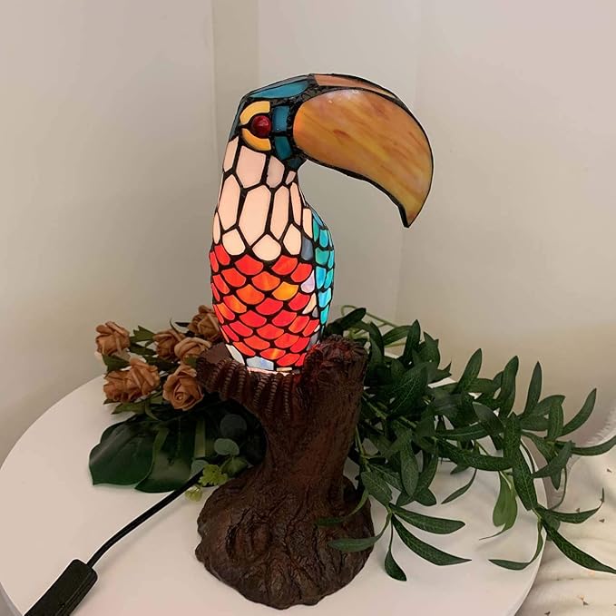 Bieye L10813 Toucan on Tree Trunk Tiffany Style Stained Glass Accent Table Lamp Night Light. 16.25 inches Tall