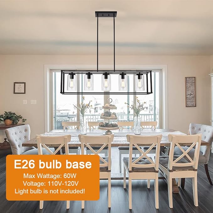 VINLUZ Farmhouse Chandeliers Rectangle Black 5 Light Dining Room Lighting Fixtures Hanging, Kitchen Island Cage Pendant Lights Contemporary Modern Ceiling Light with Glass Shade Adjustable Rods - Aura Lighting