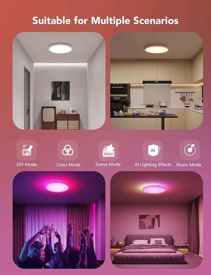 Govee Smart Ceiling Light, RGBIC LED Ceiling Light Fixture, 2400LM Flush Mount Light Fixture, DIY Colors, 12 Inch, 1 Pack (White 2 Packs)