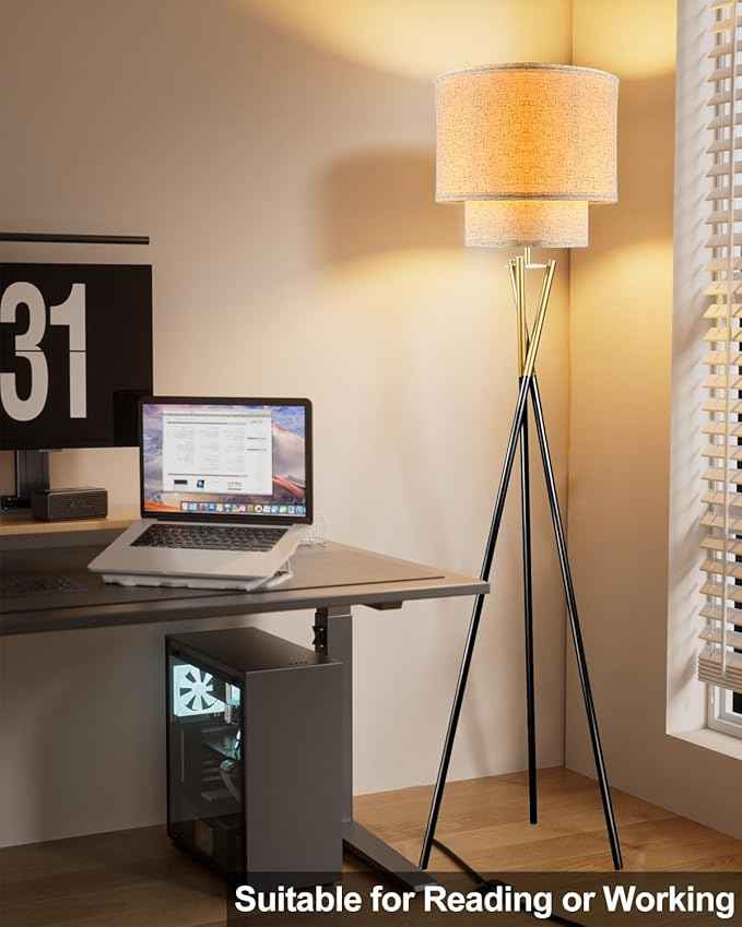 Lightdot Glod&Black Tripod Floor Lamp, Modern Floor Lamps for Living Room, Standing Lamp with Dual Drum, E26 Bulb Included, 67.7" Tall Floor Lamp for Bedroom, Home Office