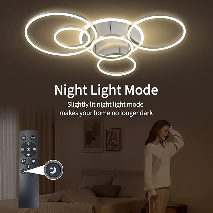 Modern LED Ceiling Light Silver Dimmable 5 Rings Flush Mount Ceiling Light Fixtures with Remote Control 106W 10000LM Ceiling Lighting for Living Room Bedroom Kitchen Dining Room 3000-6000K