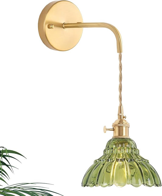 Vintage Wall Sconce with Green Lily of The Valley Shade Pattern Glass Adjustable Chain Retro Gold Wall Mounted Light, Modern Wall Lamp Fixtures Decor for Bedside Bedroom Indoor Doorway - Aura Lighting